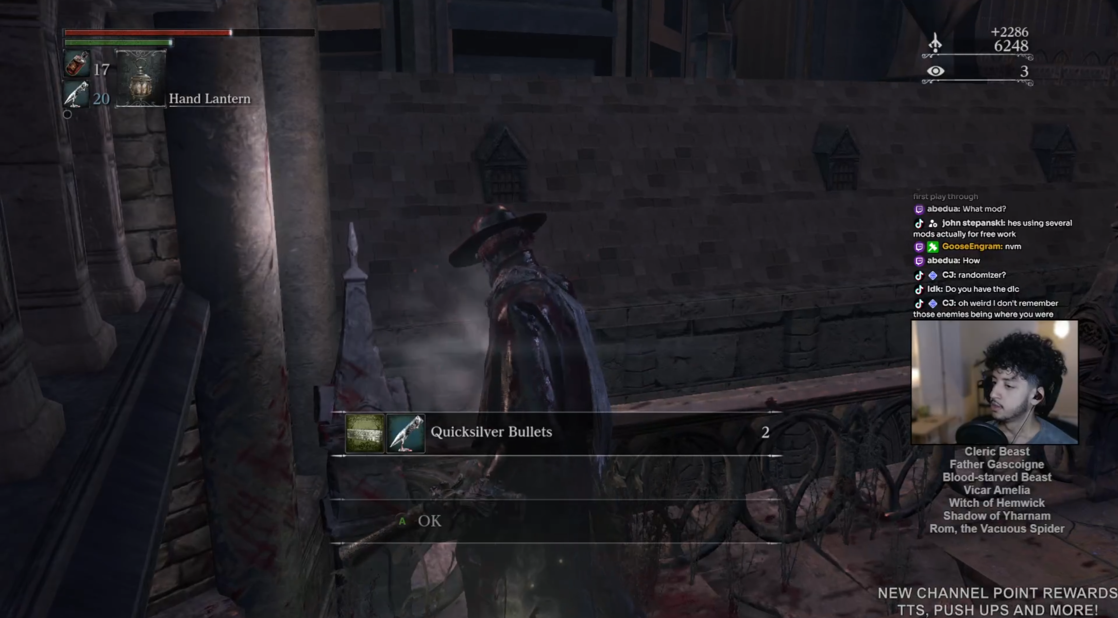 Live stream gameplay of Bloodborne with the SoulsTracker boss overlay visible beside the game.