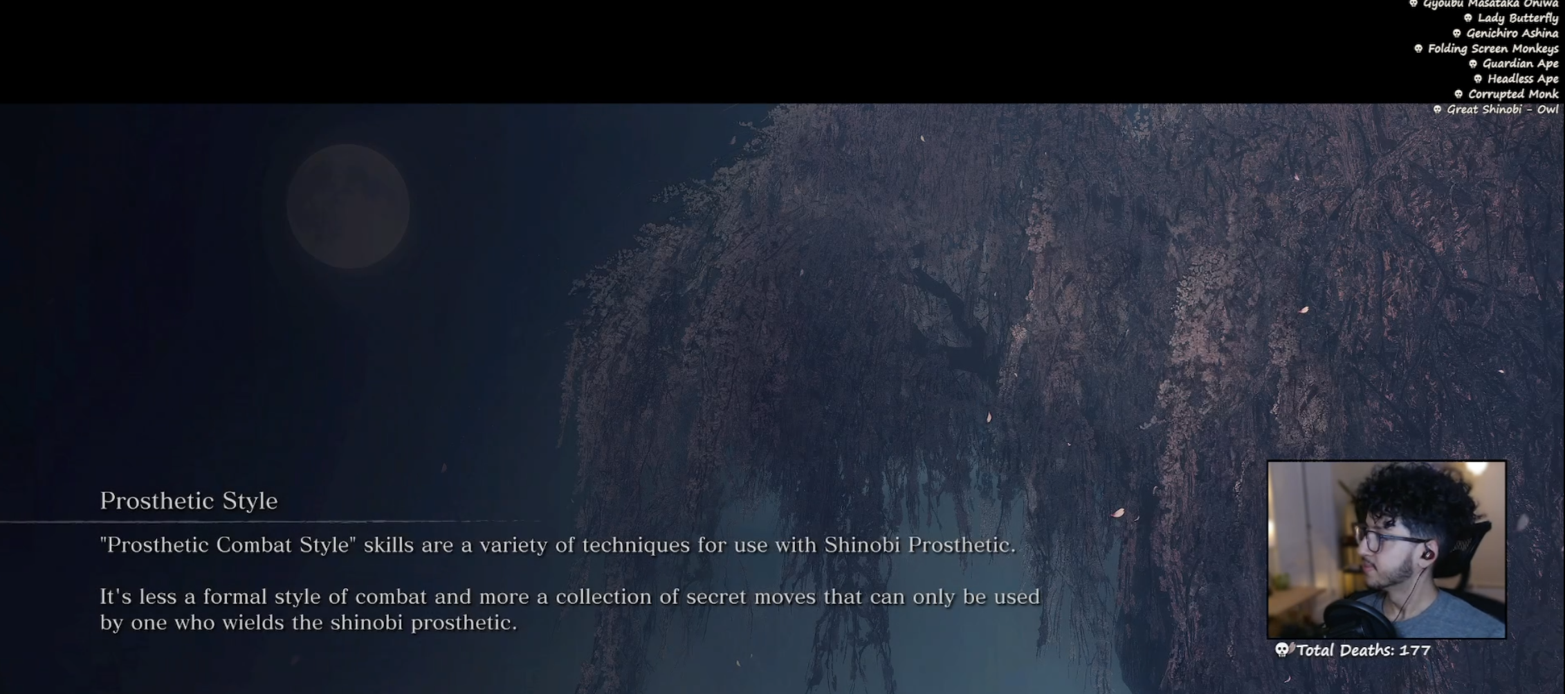 Live stream gameplay of Sekiro with the SoulsTracker death and boss overlay visible beside the game.