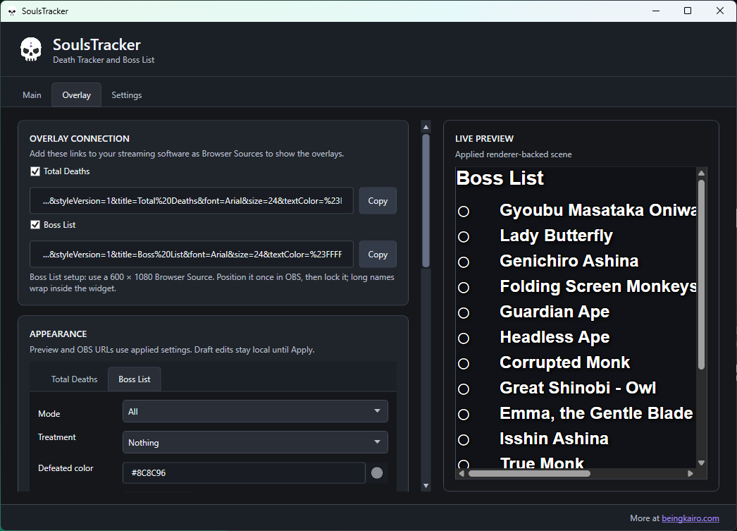 SoulsTracker Boss List overlay settings with browser-source links and a fixed live preview of a boss checklist.
