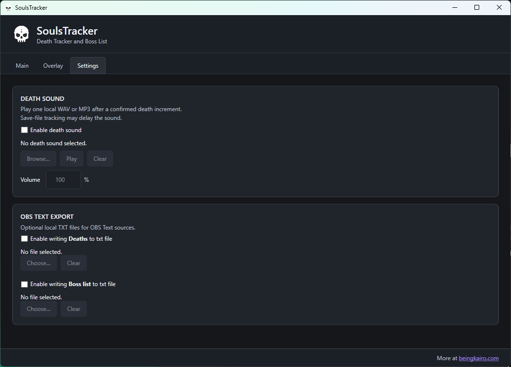 SoulsTracker Settings view showing death sound controls, volume, and optional OBS TXT exports for death and boss-list values.
