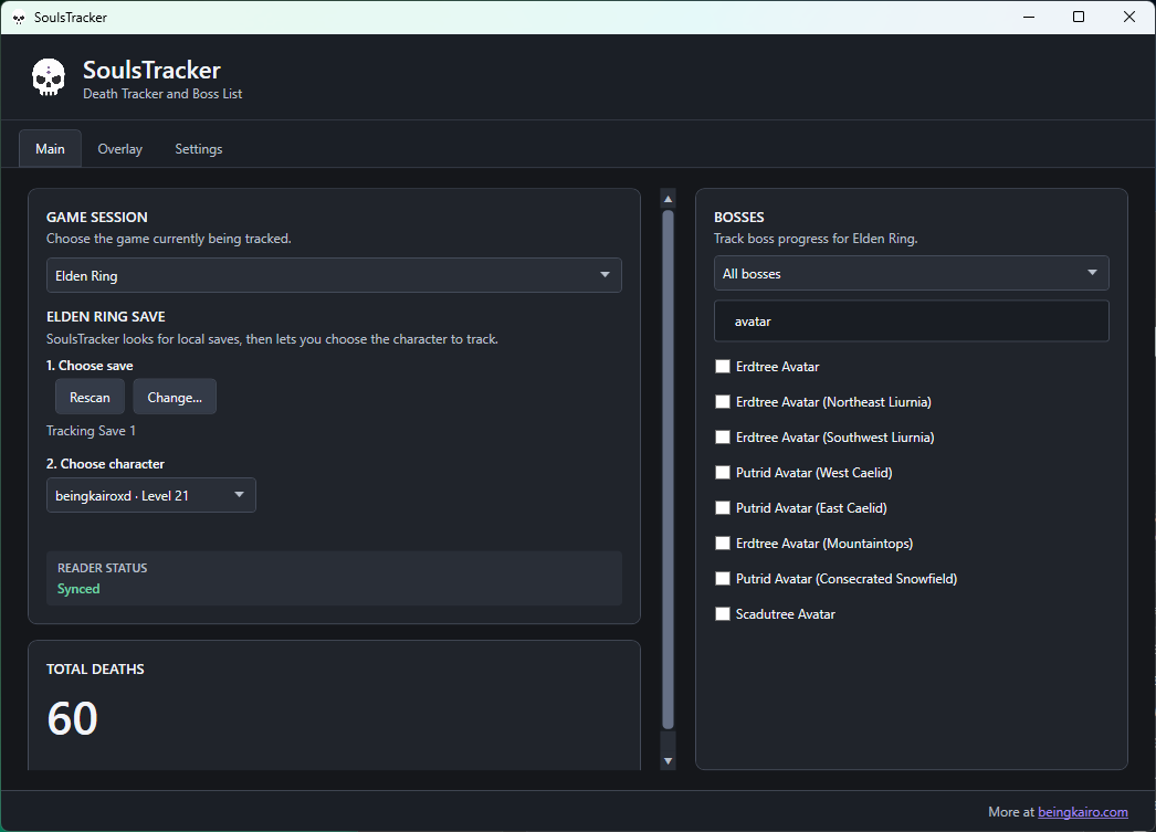 SoulsTracker set to Elden Ring, showing the discovered save, character selector with a character name and level, total deaths, and a boss checklist.