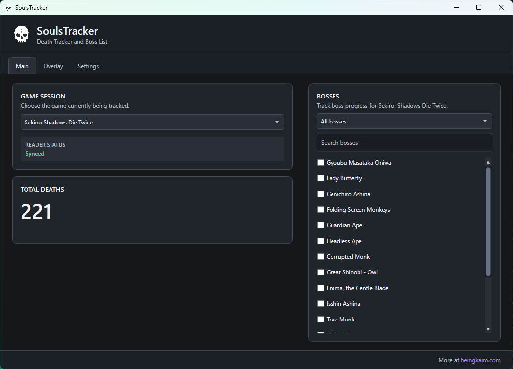 SoulsTracker set to Sekiro: Shadows Die Twice, showing a synced read status, total deaths, and a searchable boss list.