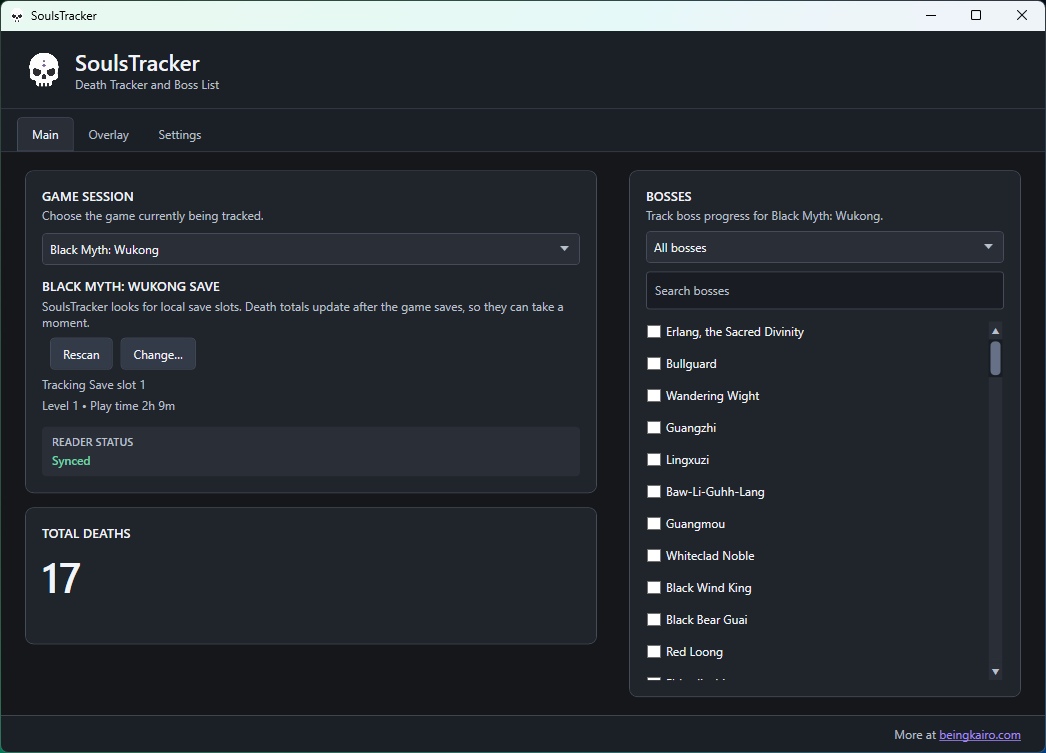 SoulsTracker set to Black Myth: Wukong, showing a synced read status, total deaths, and a searchable boss checklist.