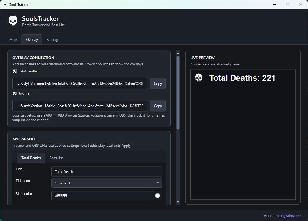 SoulsTracker Total Deaths overlay settings with browser-source links and a live preview showing Total Deaths: 221.
